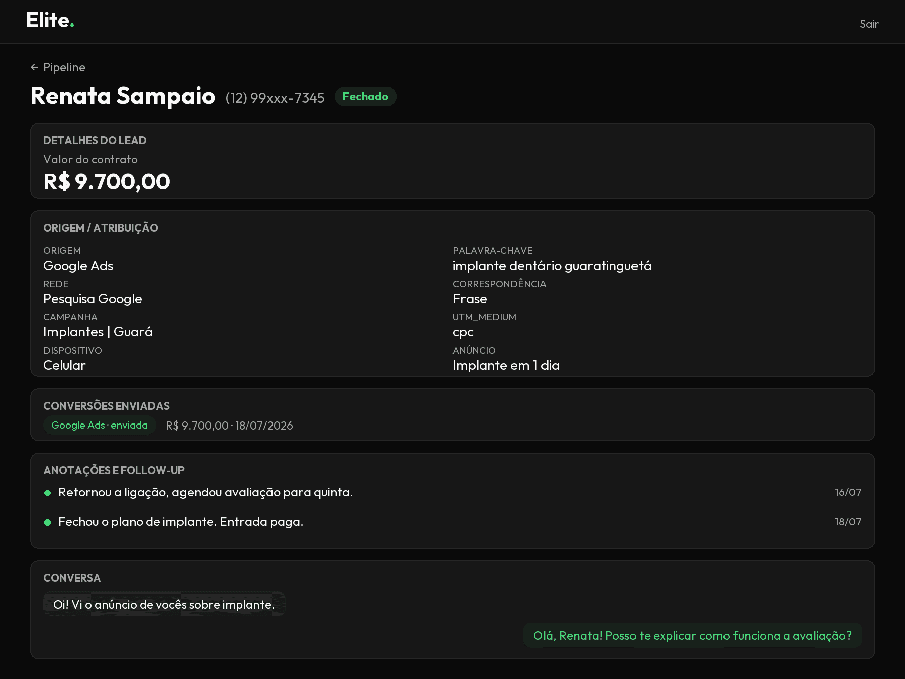 Tela de um lead no tablet: contrato de R$ 9.700, painel de origem e atribuição com a palavra-chave e a campanha que trouxeram o contato, anotações e conversa. Dados ilustrativos.